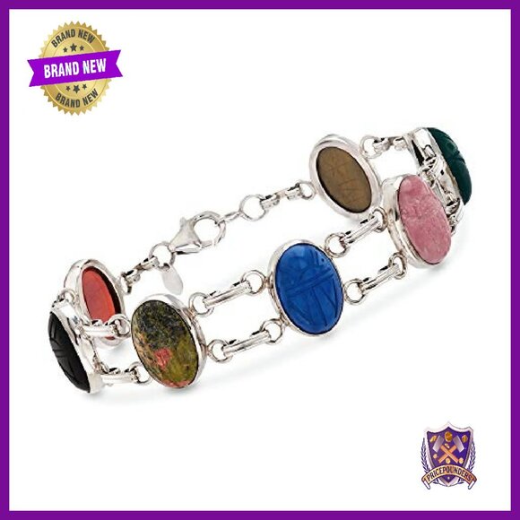 Sterling Silver Multi-Gemstone Scarab Bracelet, 7 Inch - Picture 2 of 8